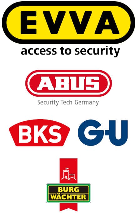 Logos der Schließsystem-Hersteller EVVA, ABUS, BKS, GU und Burg Wächter bei A. Sykora Sicherheitstechnik